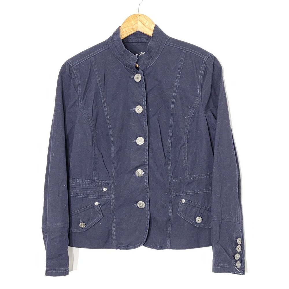 Point Zero Navy 100% Cotton Denim Button Down Mock Collar Jean Jacket Large